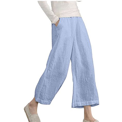 BLVB Womens Summer Wide Leg Capri Pants Casual Loose Cotton Linen ...