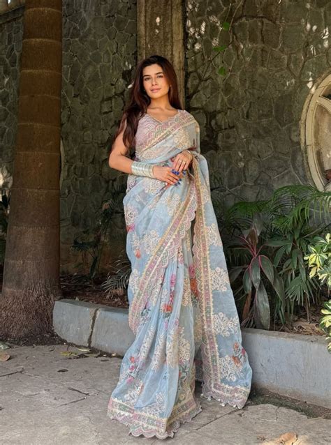 Swar Organza Printed Grey Blue Saree