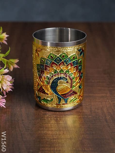 Meenakari Peacock Tray with 2 Glass Set - Gold - W1560 – Wedtree