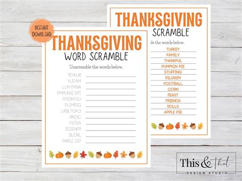 Thanksgiving Word Scramble Printable Fall Activity Sheet Printable Word ...