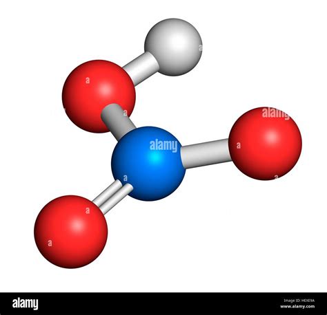 Nitric acid (HNO3) strong mineral acid molecule, computer illustration. Used in production of ...