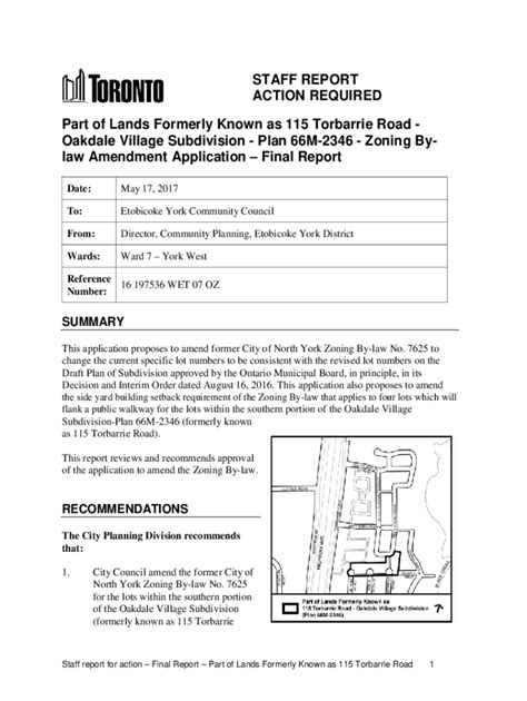 Fillable Online Part of Lands Formerly Known as 115 Torbarrie Road ...
