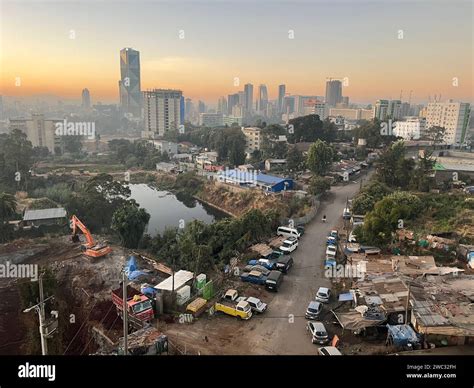 Aerial overview of Addis Abeba city, the capital of Ethiopia, showing brand new buildings and ...