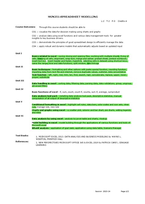Mgn251 - MA XMNXJK - MGN251:SPREADSHEET MODELLING Course Outcomes: CO1 ...