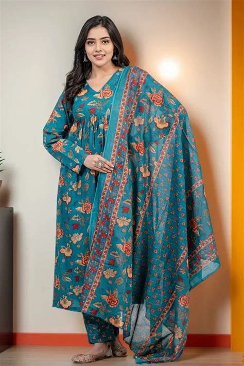 Sea Green Floral Kurti Set with Dupatta – Kvinna