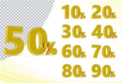 Premium PSD | 3d number set percent 10 to 90 collection with color gold ...