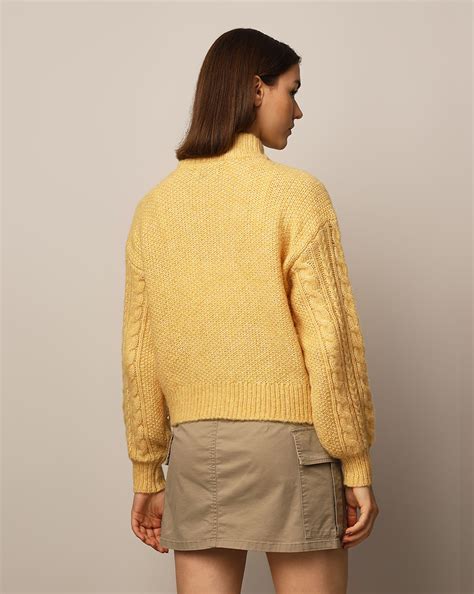 Yellow Cable Knit High Neck Pullover