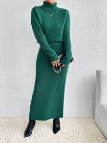 SHEIN Privé Turtleneck Drop Shoulder Sweater & Knit Skirt | SHEIN USA