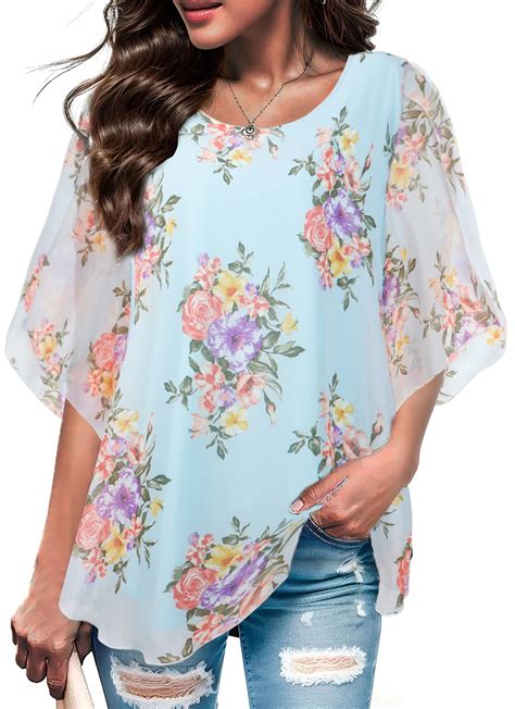 Fantaslook Womens Blouses Floral Ruffle 3/4 Sleeve Flowy Tops Mesh ...