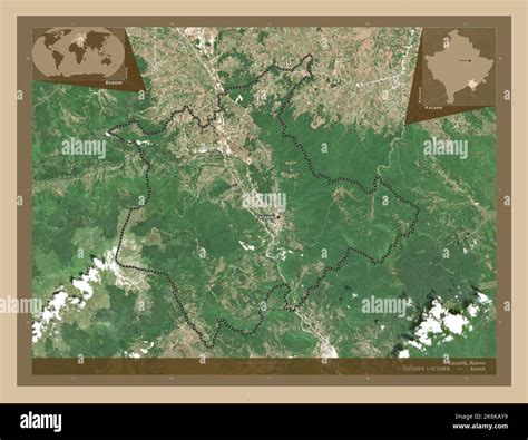 Kacanik, municipality of Kosovo. Low resolution satellite map. Locations and names of major ...