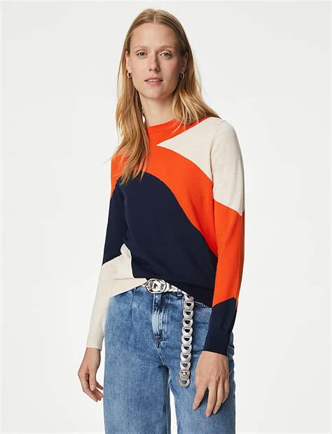 Buy Pure Merino Wool Colour Block Jumper at Marks & Spencer