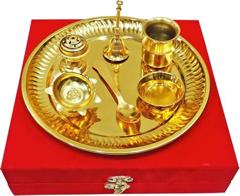 Peegli Gold Plated Pooja Thali Set 7 Pieces with Red India | Ubuy