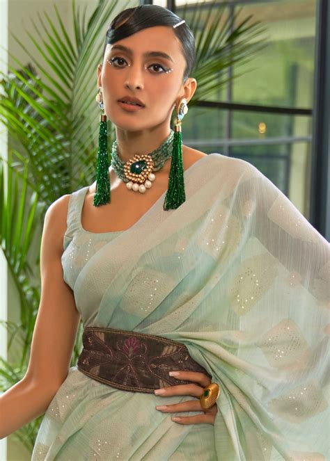 Shades Of Green Chikankari Weaving Silk Saree with Sequins w