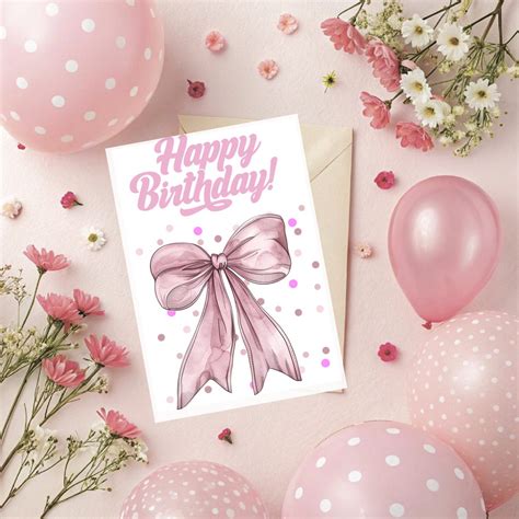 Pink Bow Birthday Card – Printable Greeting Card With Polka Dot ...