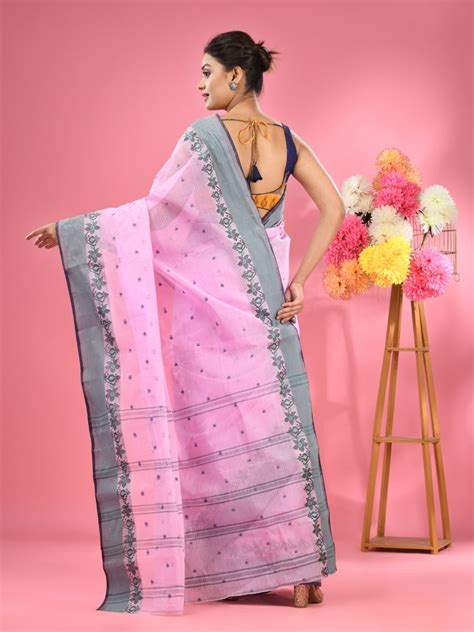 Bubblegum Pink Pure Cotton Taant Saree With Woven Designs – Charukriti