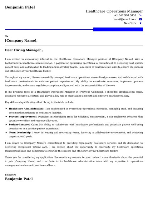 Healthcare Operations Manager Cover Letter Examples India