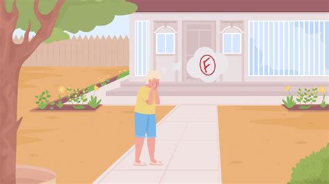 Animated atychiphobia illustration. Panic over bad grade. Child anxiety. Boy afraid to go home ...