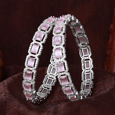 Estele Rhodium Plated Charming Mint Pink American Diamond Bangles |Ava