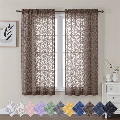 OVZME Leila Sheer Curtains 63 Inch Long 2 Panels Leaf Jacquard Textured ...