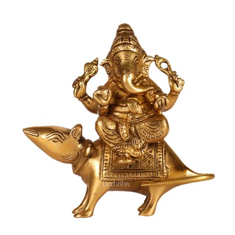 Brass Superfine Ganesha Seated on Mouse 5 Inch | Budhshiv.com