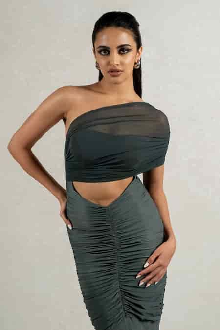 Buy Green Lycra, Tulle Asymmetric Gathered Waist Cut Gown For Women by ...