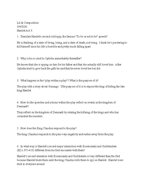 Act 3 Summary Hamlet