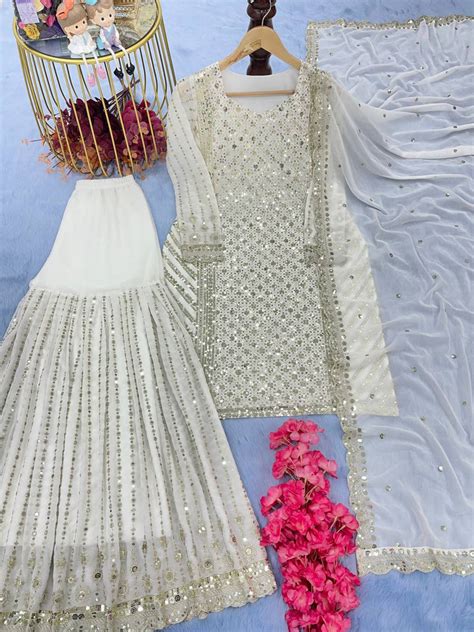 White Designer Attractive Sequence Work Sharara Suit