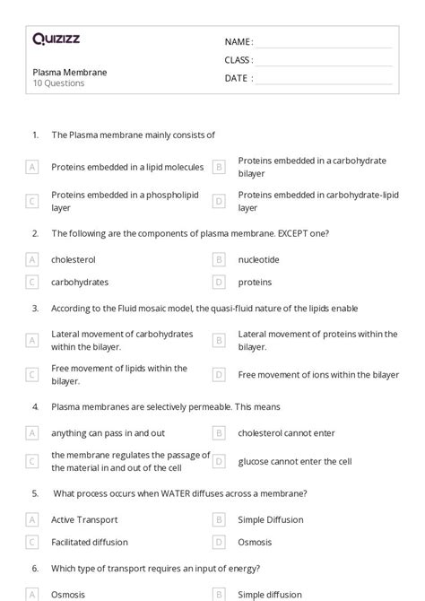 50+ membranes and transport worksheets for 11th Class on Quizizz | Free ...