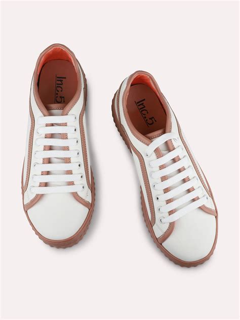 Buy Now Women White And Peach Colourblocked Lace-Ups Sneakers