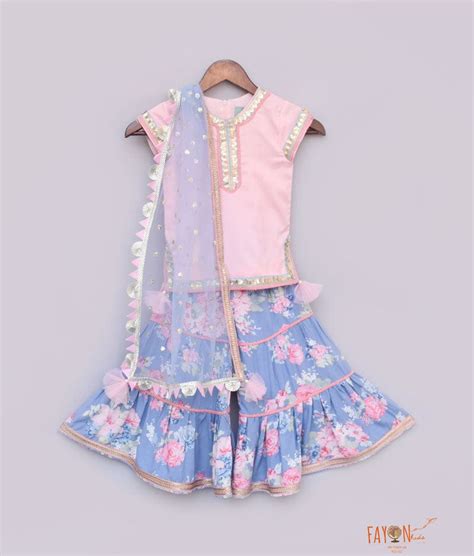 Pink Cotton Blue Printed Sharara with Kurti Boti Net Dupatta for Girls ...