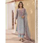 Lilac Printed Linen Embroidered Suit - Set of 3