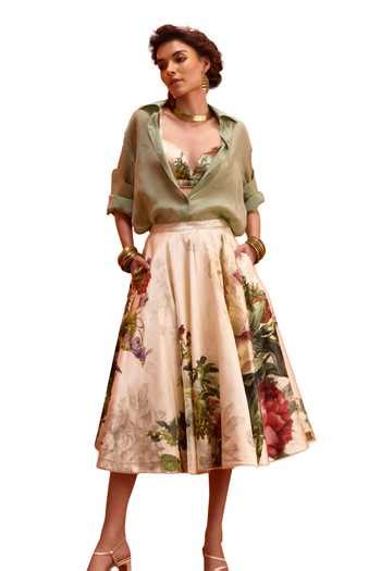 Buy Green Viscose Collared Melinda Gardenia Print Shirt Skirt Set For ...