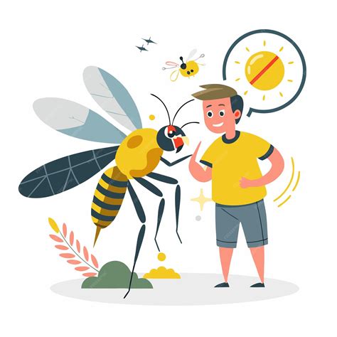 Boy warning a giant bee no stings allowed | Premium Vector