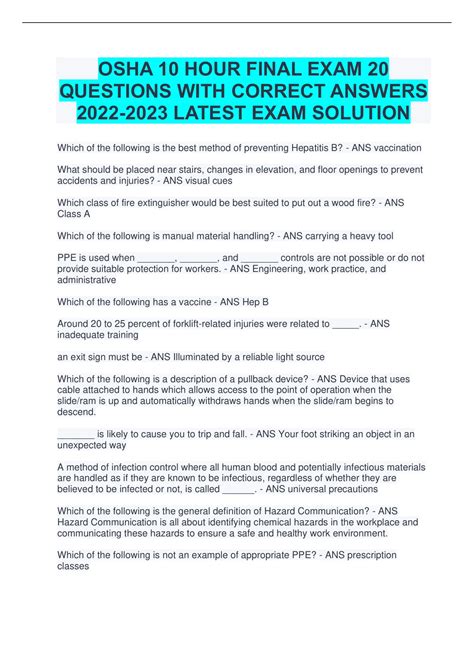 OSHA 10 HOUR FINAL EXAM 20 QUESTIONS WITH CORRECT ANSWERS LATEST EXAM ...