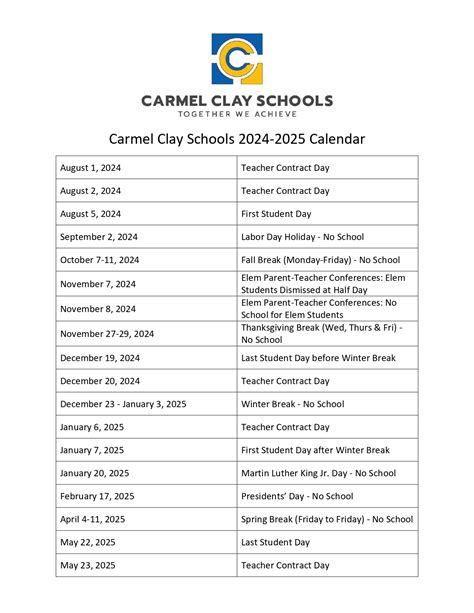 Carmel Clay Schools Calendar 2025-2026 [School District]