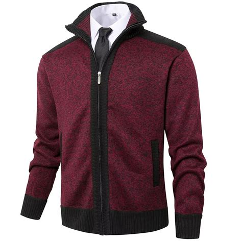 Vcansion Mens Casual Knit Full-Zipper Sweater with 2 Pockets Wine Red ...