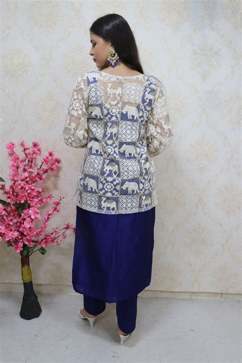 Navy Blue Raw Silk Kurti: Elegant Style with White Jacket