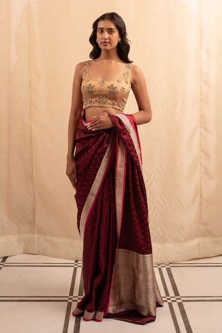 Buy Gold Silk Tissue Hand Embroidery Zardozi Scoop Nabh Blouse For ...