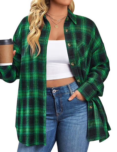 Fantaslook Plus Size Flannel Plaid Shirts for Women Long Sleeve Button ...