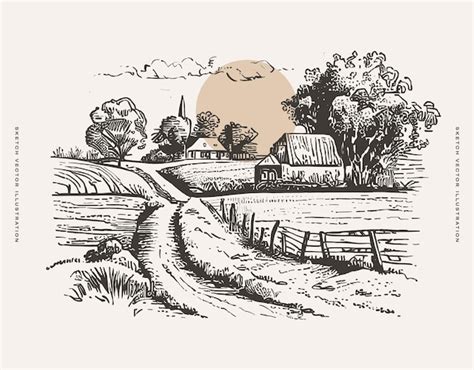 Drawing of farm with sunset in background | Premium Vector