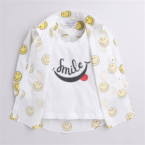 Polka Tots smile print full sleeve shirt with attached tshirt - White ...