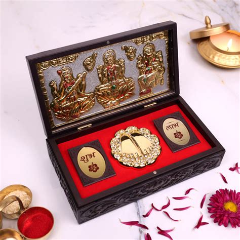 Premium Wooden Pooja Box with Lakshmi Ganesh Saraswati & Charan Paduka ...