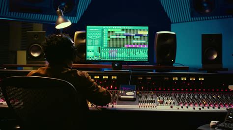 Audio designer leveling sound on a mixer control desk, professional music studio concept ...