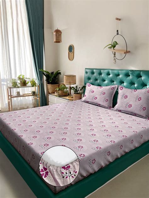 Pink Floral 400 TC Pure Cotton Fitted Double Bedsheet with 2 Pillow Co ...