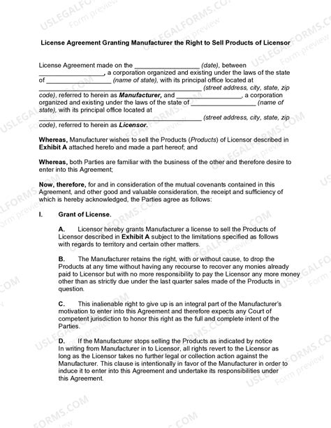 Arkansas License Agreement Granting Manufacturer the Right to Sell ...
