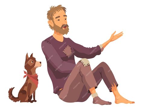 Homeless man with dog cartoon flat character illustration | Premium Vector