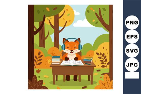 Fox Studying Outdoors with Books and Hea Graphic by DesignVectx ...