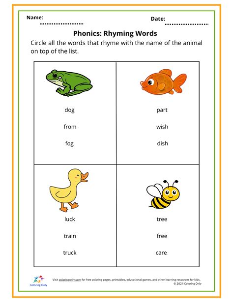 Phonics: Rhyming Words Free Printable Worksheet