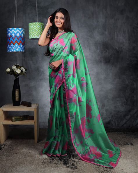 Persian Green And Pink Tye And Dye Pattern Liquid Organza Saree With M ...