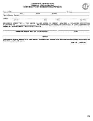Commonwealth Of Kentucky Certificate Of Religious Exemption Form - Fill ...